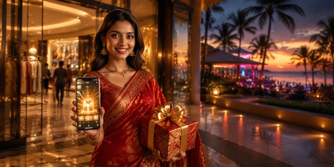 A happy Indian woman using cd10 on mobile casino app
