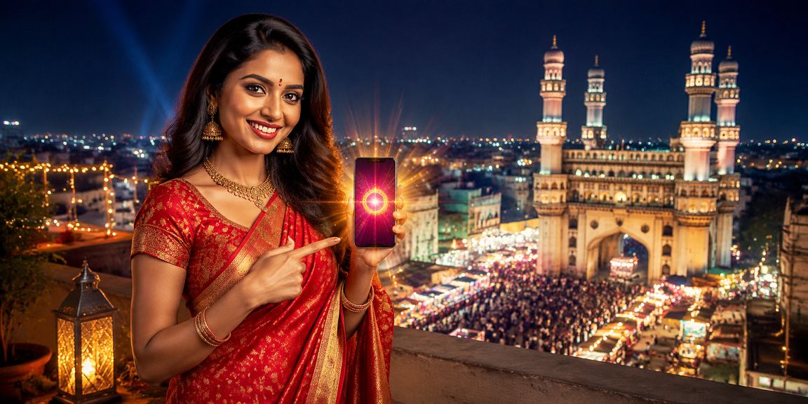 Indian woman enjoying mobile slot game near Charminar Hyderabad